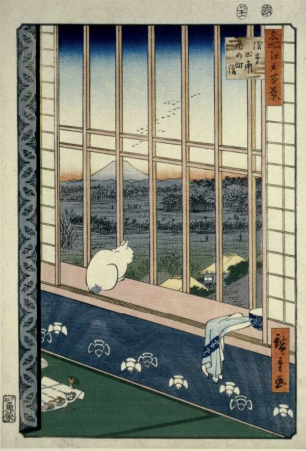 歌川广重《猫向窗外看》
