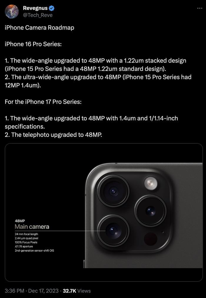 iphone 16 pro 主攝採用堆疊式傳感器,超廣角 48mp__財經頭條