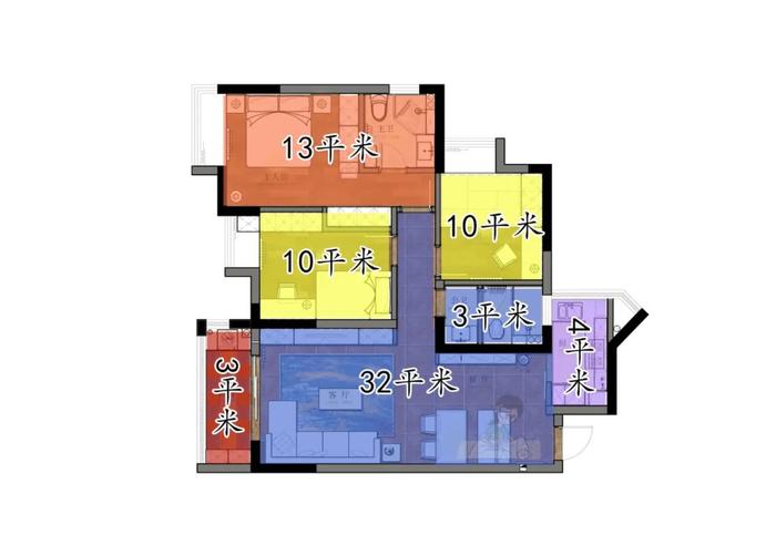 分配方式如下:2個臥室(2×10平米)書房(8平米) 廚房(6平米) 2個衛生間