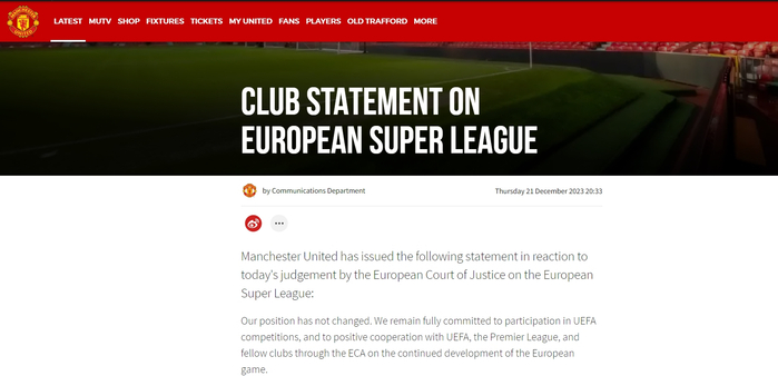 曼联俱乐部在官网发表声明，表示仍然将全力参加欧足联的比赛。