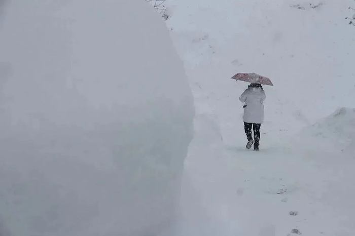 2023年12月22日，山东威海，积雪厚度超过70厘米，市民出行艰难。