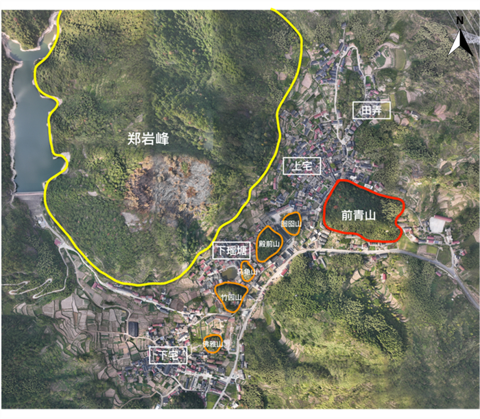 图二 少妃“刘海钓钱”风水格局（孙雪阳绘制，底图：少妃航拍图，2022年）