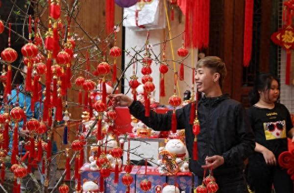 在越南首都河内，一名男子往树上挂迎接春节的红灯笼装饰。图源：新华社