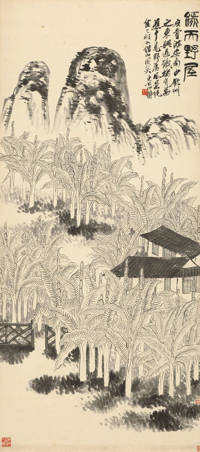 齐白石《四季山水屏》之一。137.8cm×62cm