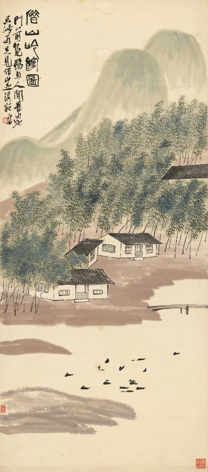 齐白石《四季山水屏》之一。137.8cm×62cm