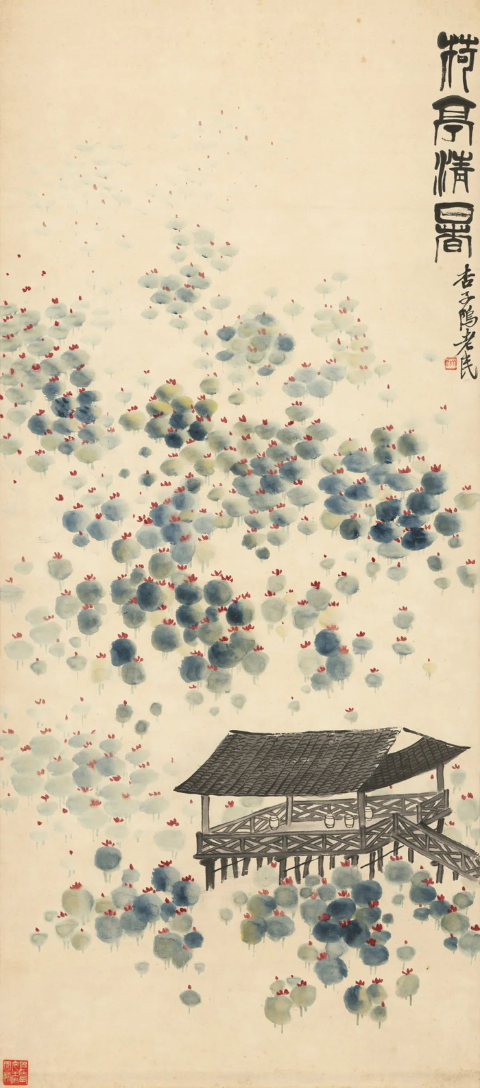 齐白石《四季山水屏》之一。137.8cm×62cm