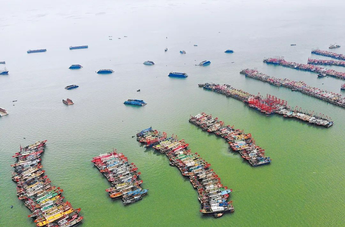 多艘浮船坞行驶在北海市廉州湾海域，构成一道亮丽的滨海风景线。李君光 摄