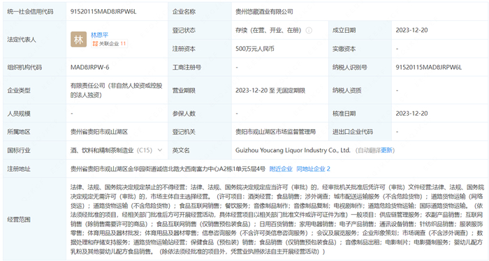 ▎贵州悠藏酒业有限公司工商信息（图源：企查查）