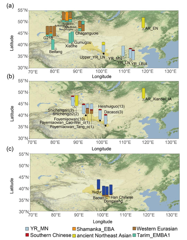河西走廊从新石器时代到现在的遗传变化。图片来源：研究团队论文