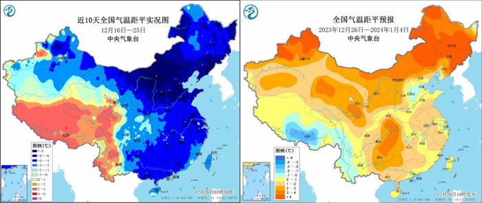 近10天VS未来10天气温距平对比。