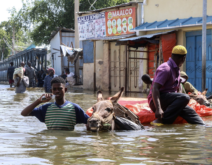 当地时间2023年11月20日，索马里中部地区贝莱德文，居民在被洪水淹没的街道中拉着驴车，生活艰难。