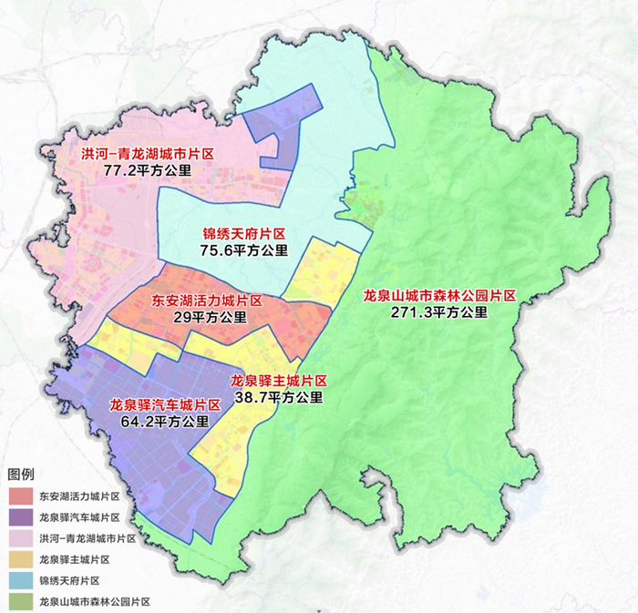 龙泉驿六大功能片区划分示意图，图据：成都发布