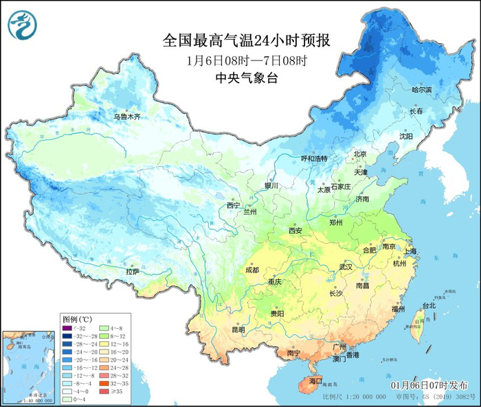 全国最高气温24小时预报(1月6日8时-7日8时).图/中央气象台
