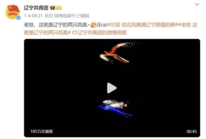 1月4日，辽宁共青团官方微博确认哈尔滨的凤凰来自辽宁。