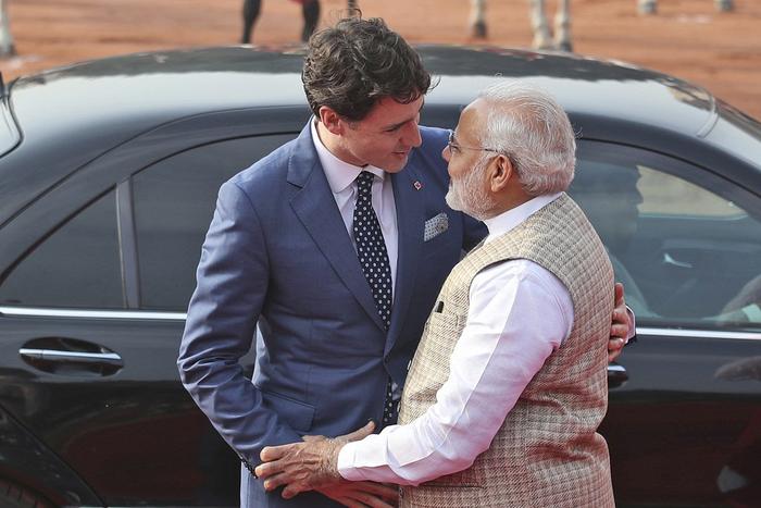 当地时间2018年2月23日，印度新德里，印度总理莫迪欢迎加拿大总理贾斯廷·特鲁多。视觉中国 资料图