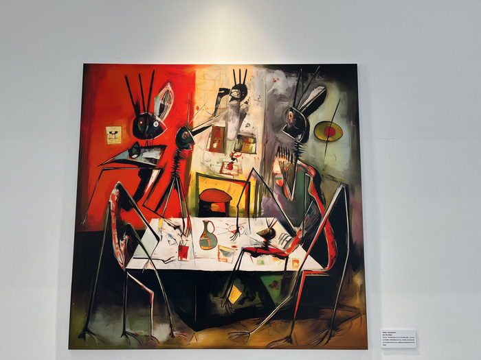 图为活动现场展出的AI画作《AI时代的变形记》。科技日报记者 骆香茹 摄