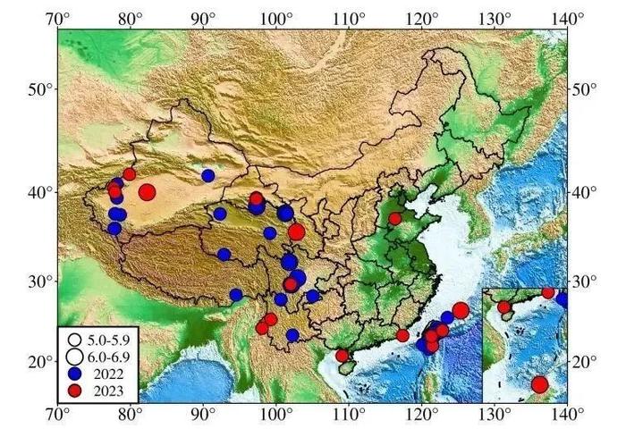 2022年和2023年我國5級以上地震分佈圖.