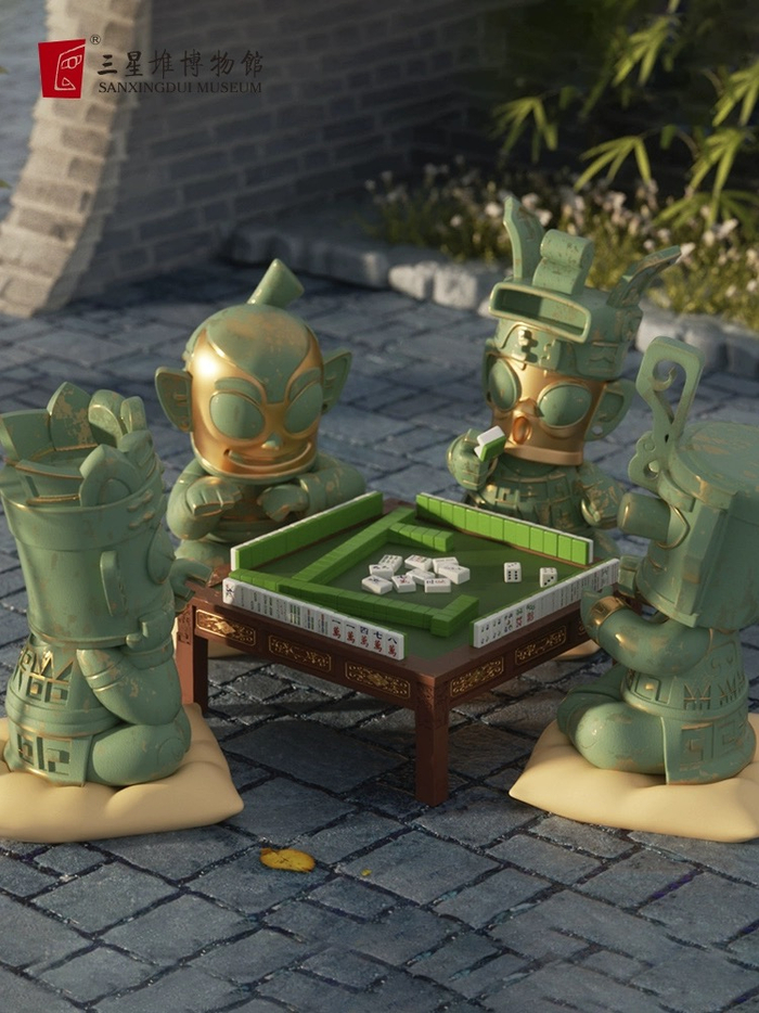 三星堆博物馆青铜小人打麻将摆件