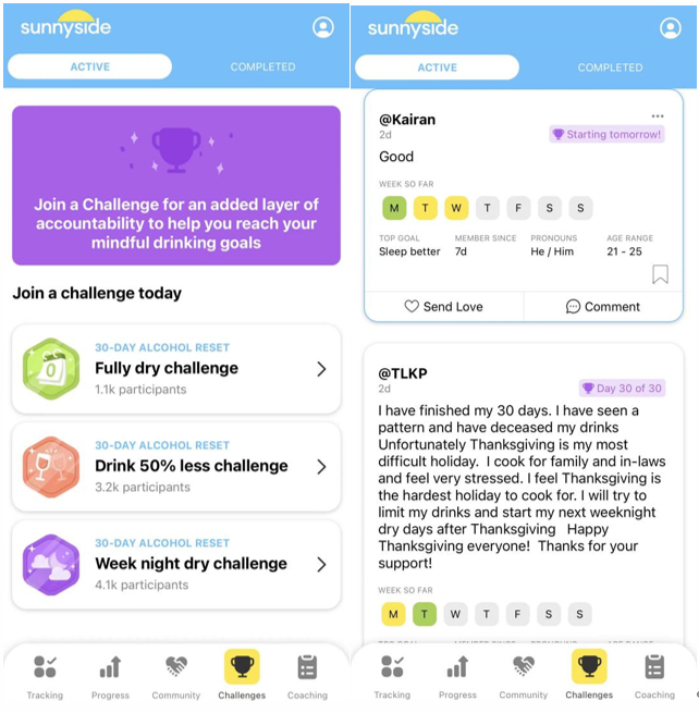 Sunnyside 挑战选择页面（左），小社区页面（右）| 图片来源：Sunnyside
