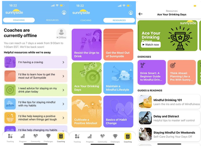 Sunnyside 教练页面（左）、资源页面（中）、推荐的阅读材料和练习（右）｜图片来源：Sunnyside