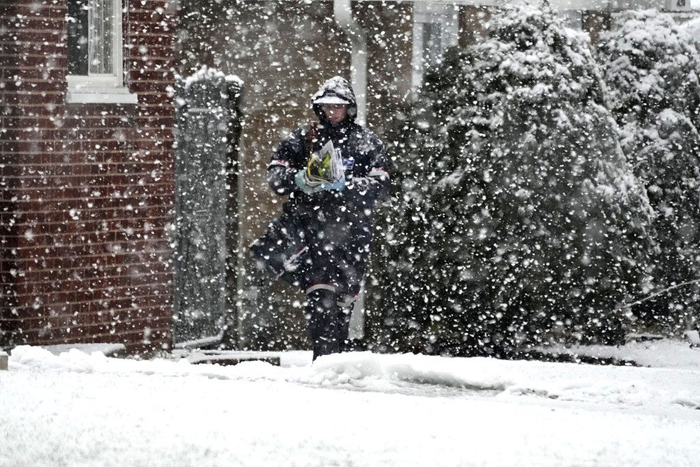 当地时间2024年1月9日，美国伊利诺伊州遭遇暴风雪，一名邮递员冒雪投递报纸。