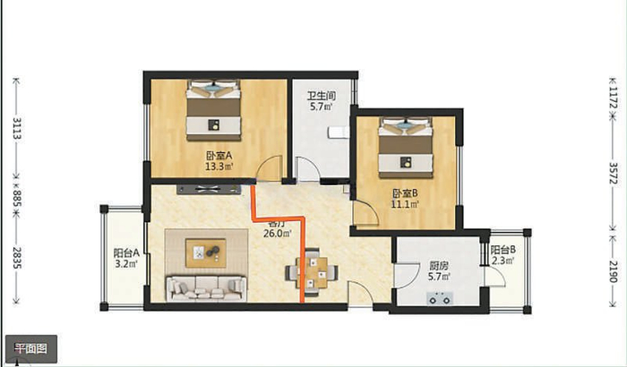 在客厅内打隔断（红线），改变房屋结构，属违法行为。