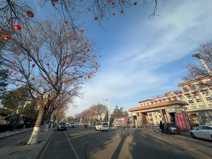 （迁西县委门前，在迁西县城多条街道的树上都挂着满树的小红灯笼。李微敖/摄）