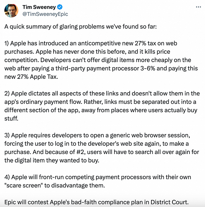 Tim Sweeney 在X上持续声讨苹果