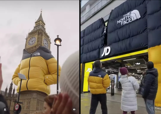 例如,英国大本钟穿上了the north face的羽绒服,呈现出诙谐可爱的形象