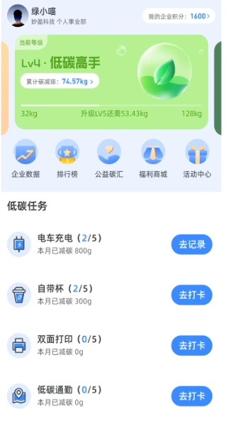 图：妙盈的“绿喵企业版”碳普惠界面，显示了四个员工减碳场景。