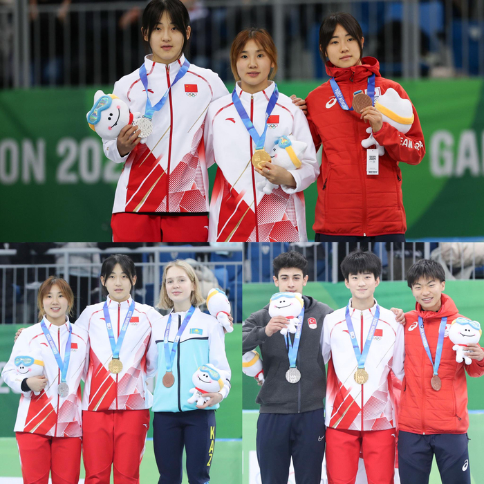 上图是短道速滑女子1500米颁奖仪式，下图左、右分别是短道速滑女子、男子1000米颁奖仪式。