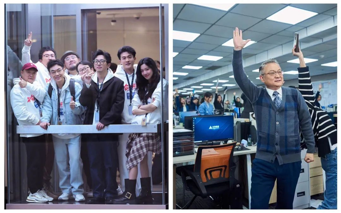 ▲片中和欧阳奋强搭档的全是年轻演员，他也体验了很多第一次，包括扫楼（左）、跳集体舞（右）。受访者供图