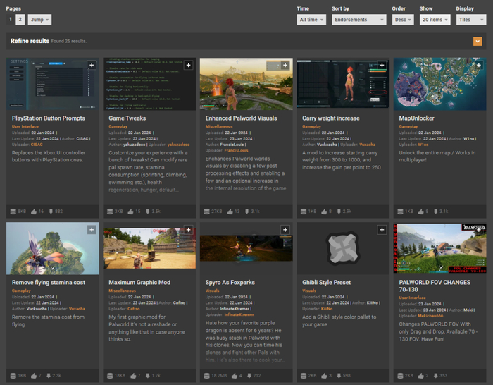 目前Nexusmods网站上已经有了超过20个《幻兽帕鲁》模组