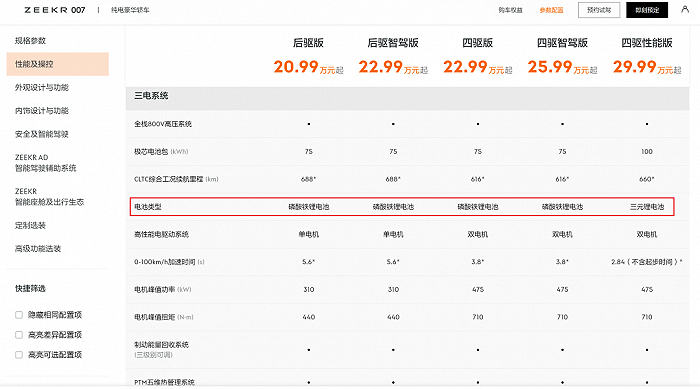 （极氪007各版本电池配置 图源：极氪官网）