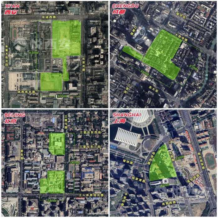 同比例尺下内地四大太古里项目占地示意 制图©悦西安