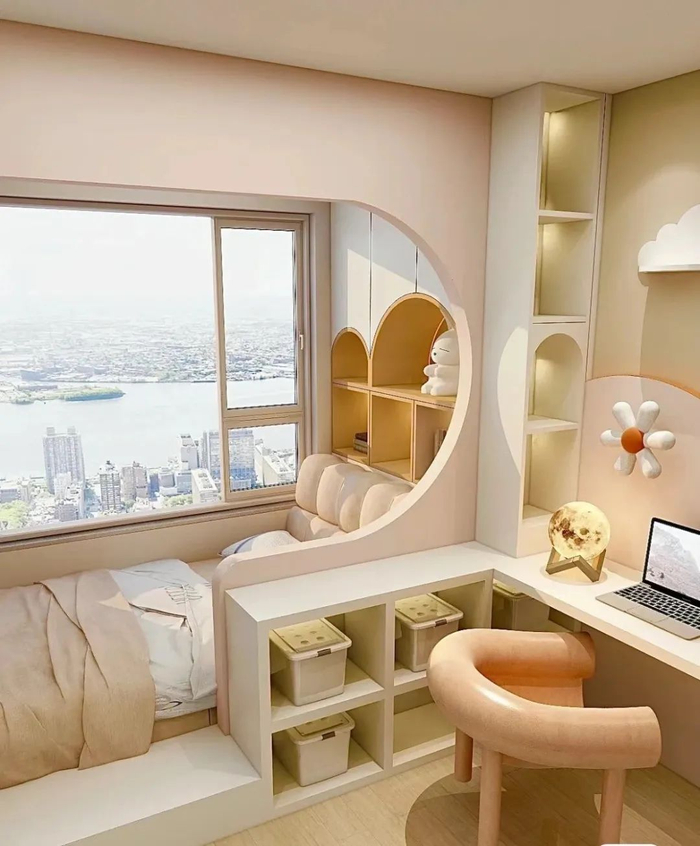 打造舒适实用小卧室将台阶榻榻米与半包围式书桌相结合,你的小卧室将