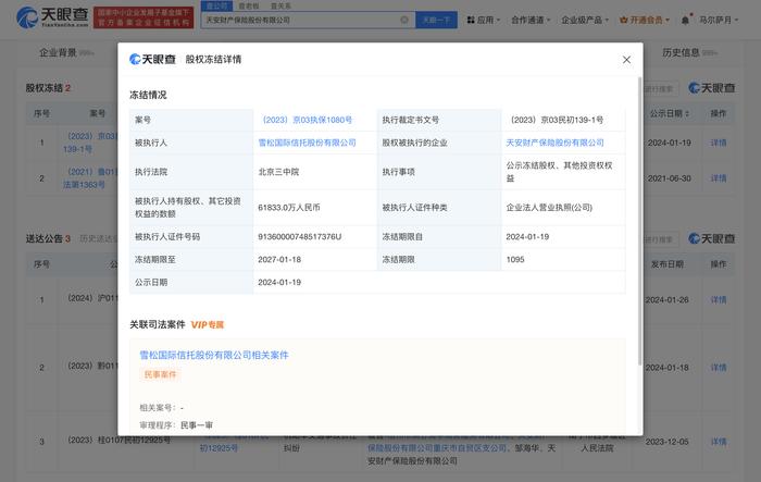 雪松信托持天安财险6亿股权被冻结