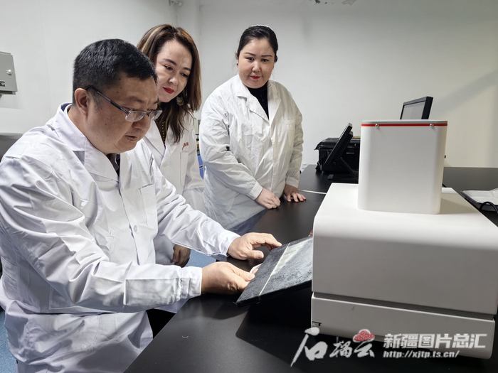 国家绒毛用羊首席科学家郑文新和工作人员一起在实验室做羊毛检测研究。天山网-新疆日报记者马帛宇摄