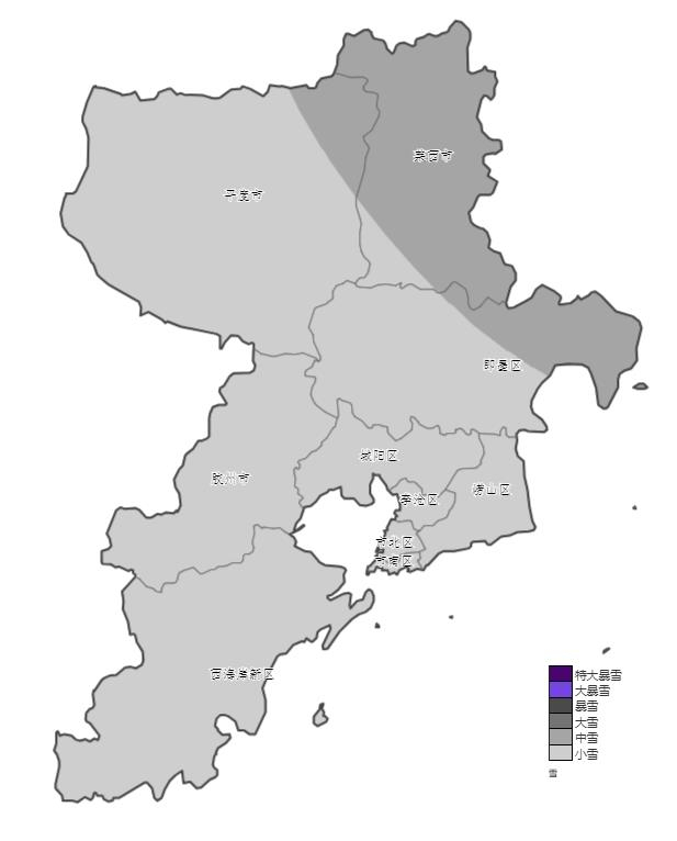 图2：5日08时─5 日20 时全市降雪量预报图（毫米）↑ 