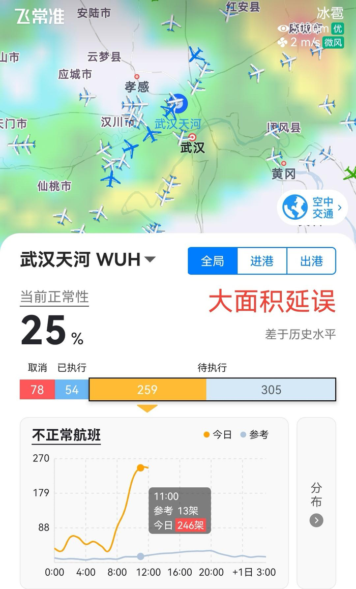 武汉连夜降雪机场大面积延误飞成都航班80延误或取消