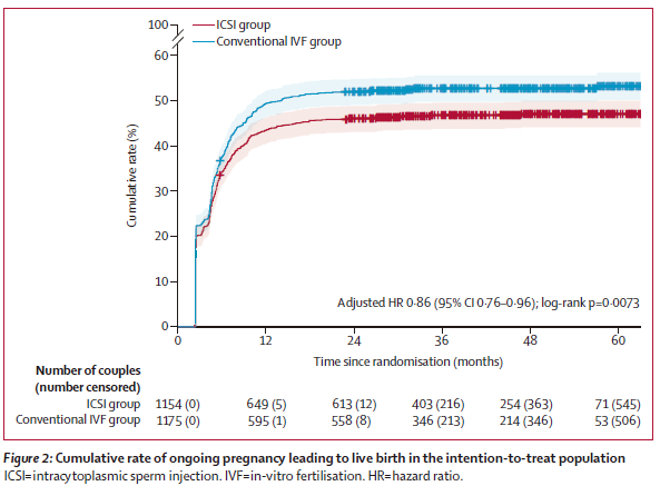 在意向治疗人群中，常规IVF组与ICSI组的累积活产率比较。图源/The Lancet