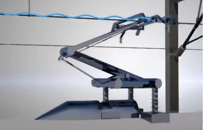 高铁车厢上方的受电弓，图片截自纪录片《中国高铁》