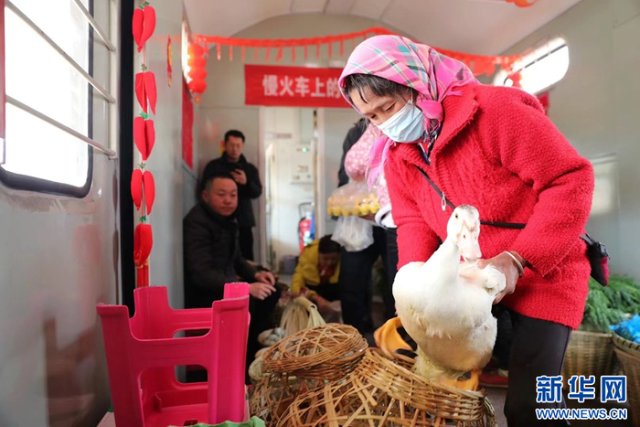 2月2日，“慢火车”年货街上，不仅能买到各类蔬菜水果，还能买到家禽。图源：新华网（杨紫轩 摄）