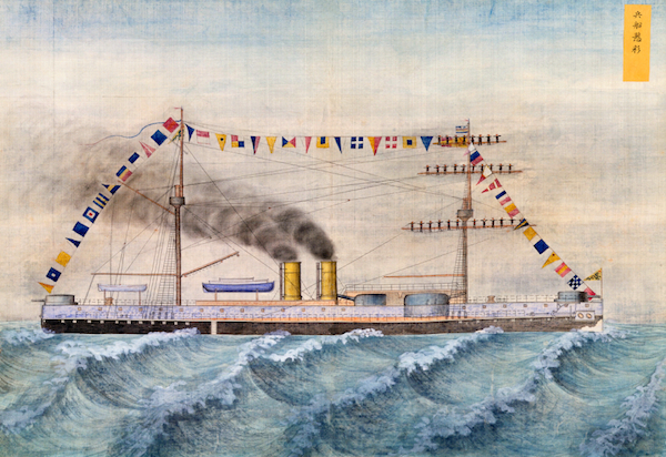 醇亲王巡阅海军时，宫廷画家绘制的“定远”，舰艏和后桅悬挂三角龙旗