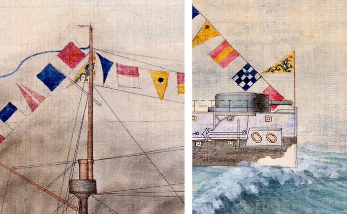 “定远”舰艏和后桅悬挂三角龙旗（局部）