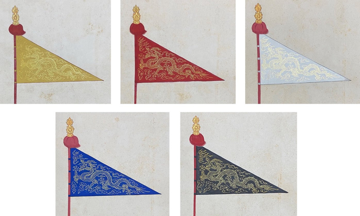 皇帝卤簿五色金龙纛之黄、红、白、蓝、青缎旗