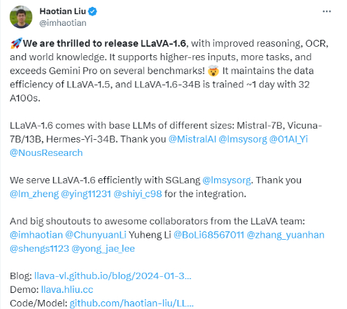 LLaVA-1.6的研发团队成员Haotian Liu在X平台发文原文 