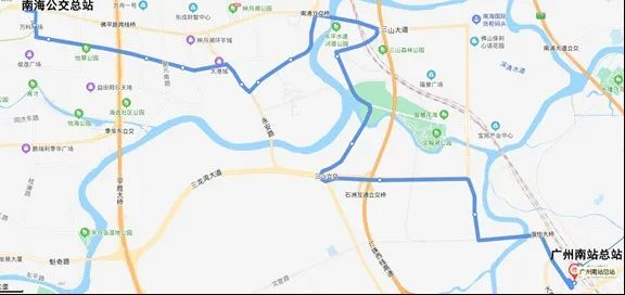 多元化公交线路（广州南站至南海公交总站）走向图。