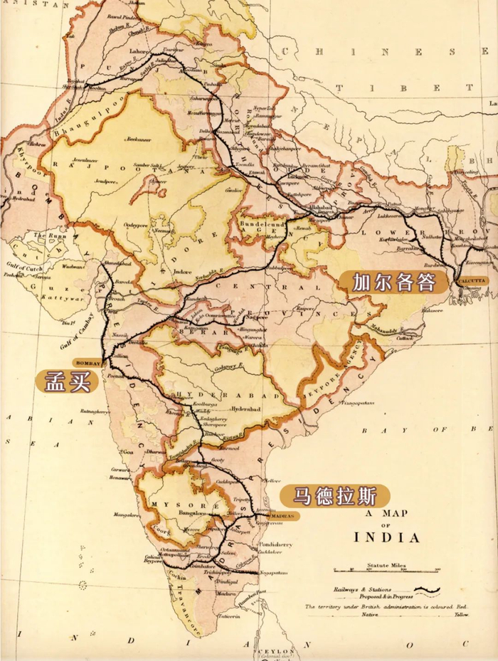 此后印度的铁路网,正是沿着孟买,加尔各答—豪拉和马德拉斯这三座城市