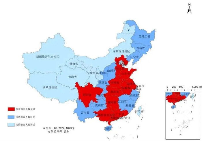 2024年春节假期省域国内游客接待情况分级图。图源：中国旅游研究院